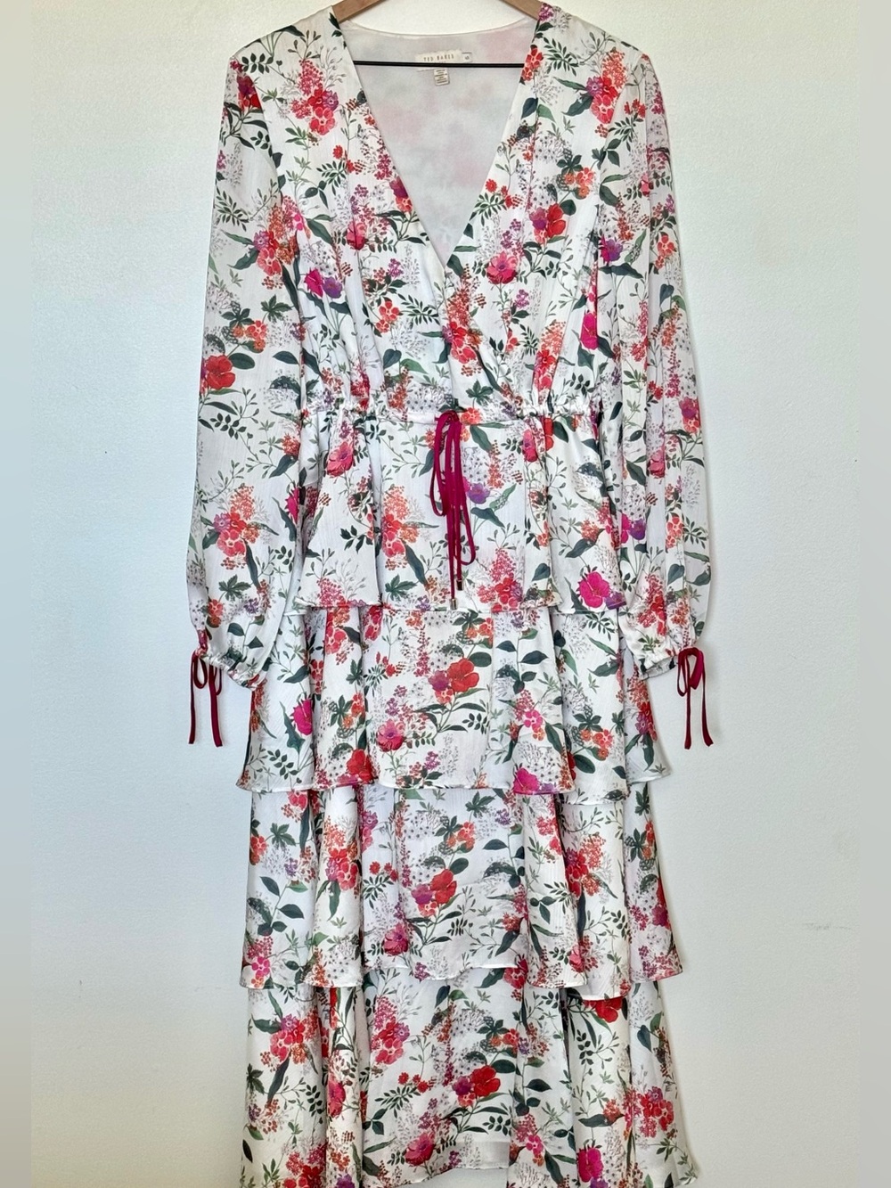 Ted Baker White Floral Tiered Wrap Maxi Dress with Pink & Red Accents